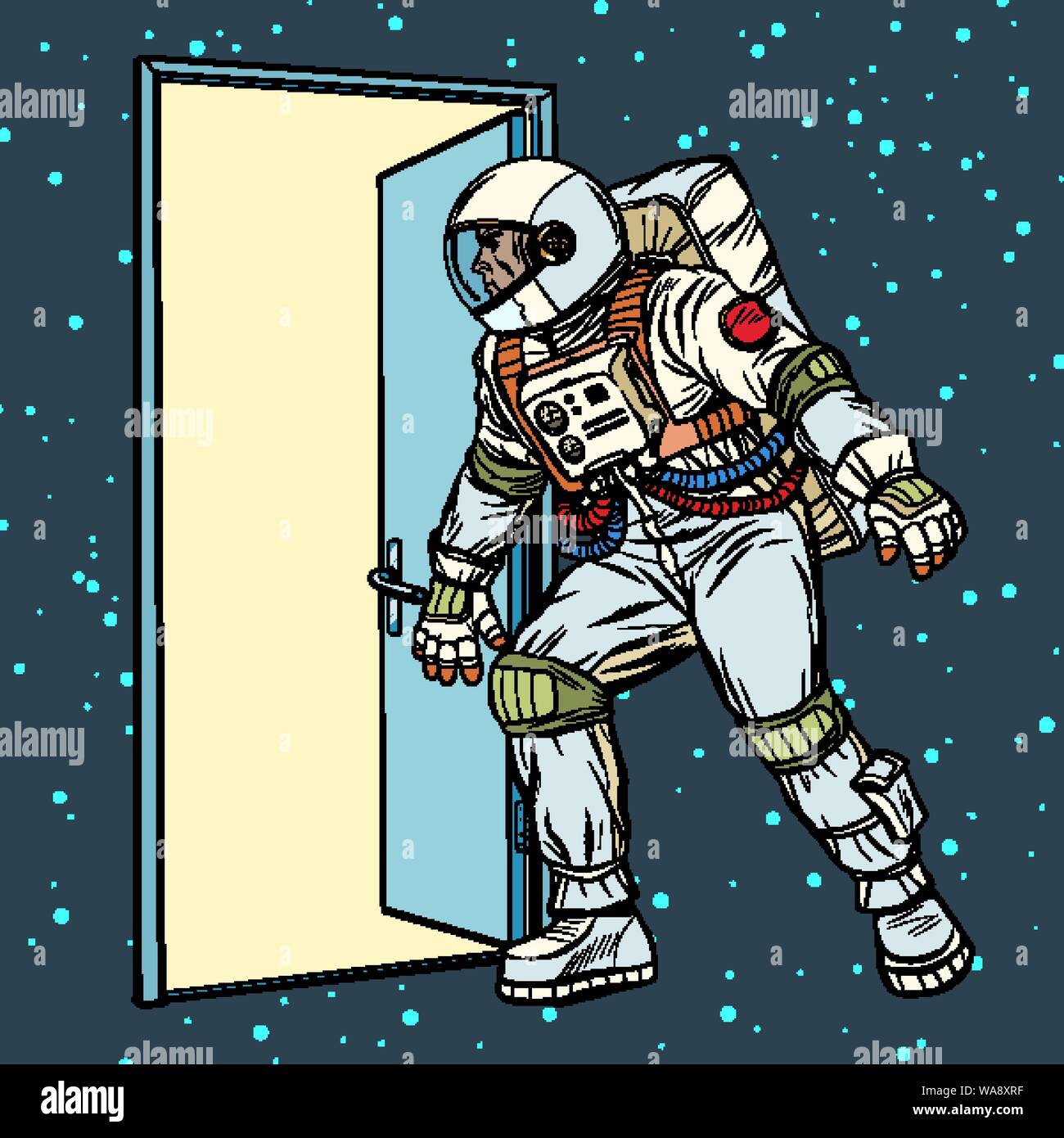 Astronaut öffnet die Tür zum Raum. Pop Art retro Vektor stock Illustration Zeichnung Stock Vektor