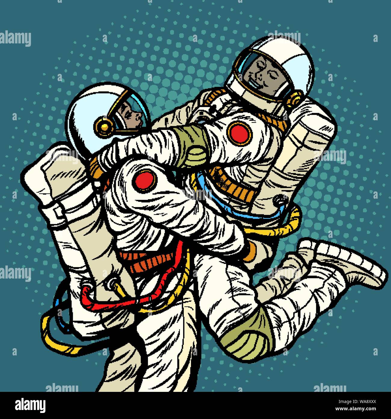 Verliebtes paar Astronaut, Mann und Frau. Liebe Romantik Umarmungen. Pop Art retro Vektor illustration Zeichnung Stock Vektor