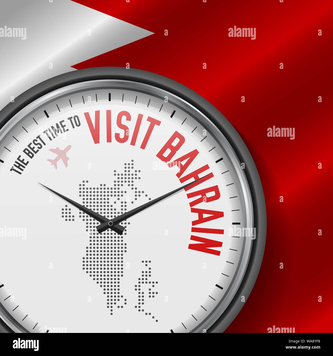 Die beste Zeit für einen Besuch in Bahrain. Reisen in Bahrain. Touristische Air Flug. Wehende Flagge Hintergrund und Dots Pattern Map auf dem Zifferblatt. Vector Illustration. Stock Vektor