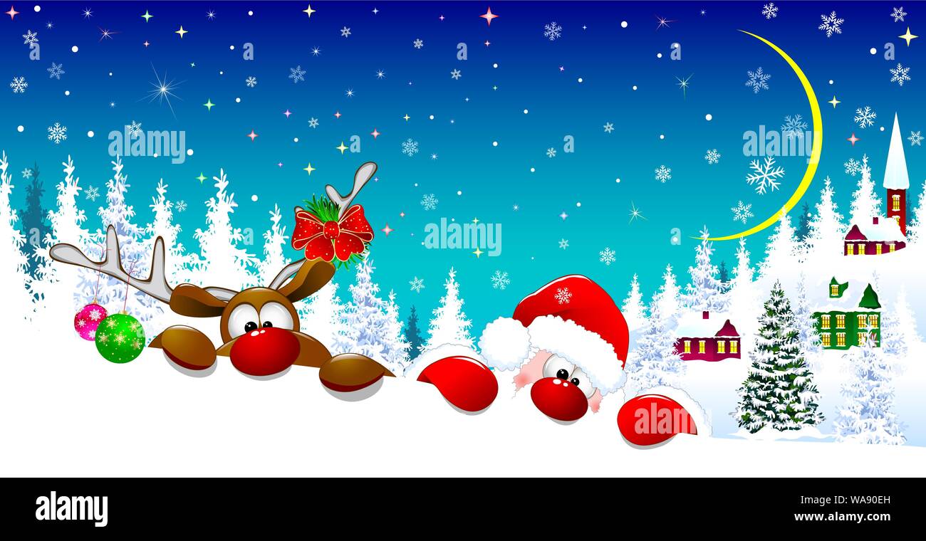 Santa und ein Reh im Hintergrund einer verschneiten Dorf. Santa und ein Hirsch mit roten Nasen in einer Winternacht vor dem Hintergrund des Dorfes, t Stock Vektor