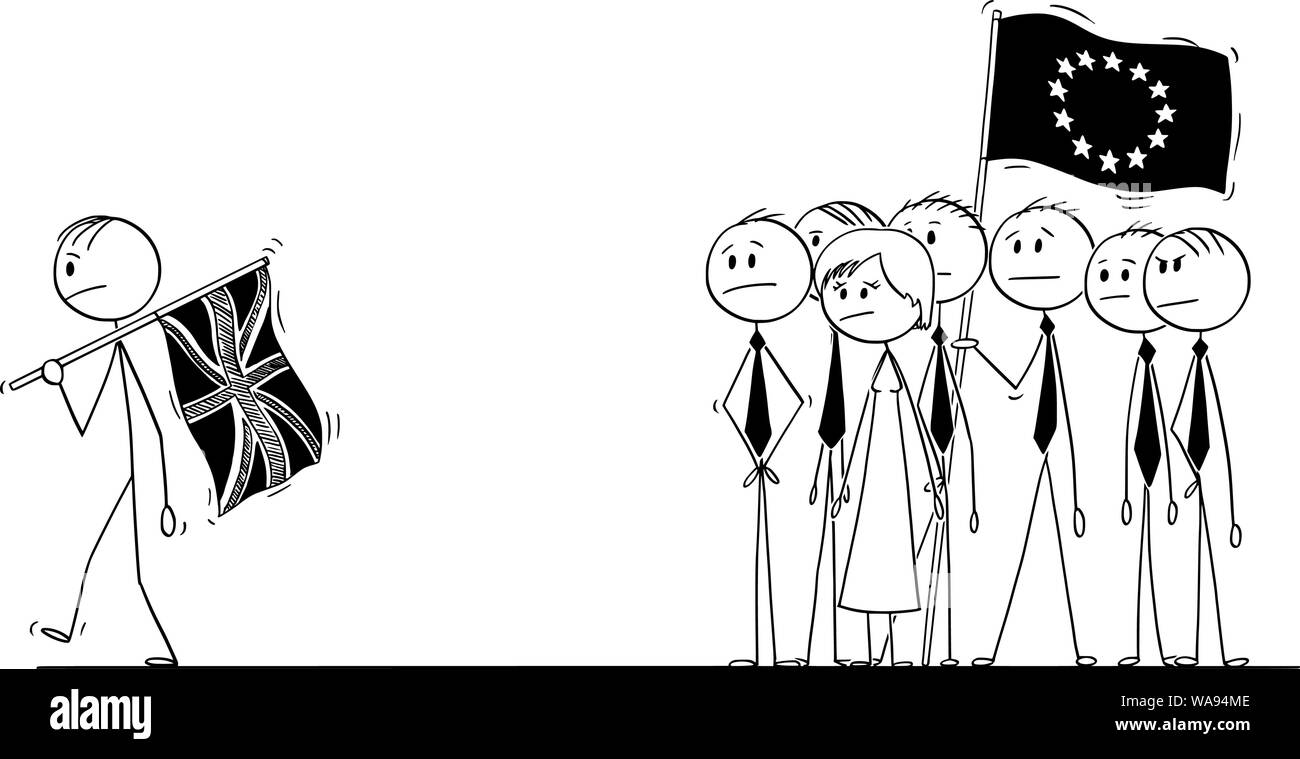 Cartoon stick Zeichnung konzeptuelle Abbildung: brexit, Premierminister von Großbritannien oder USA oder UK verlässt die Europäische Union oder EU-Flagge. Stock Vektor