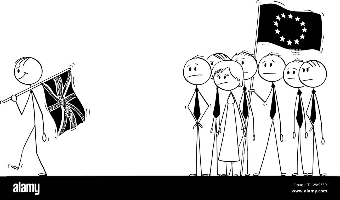 Cartoon stick Zeichnung konzeptuelle Abbildung: brexit, Premierminister von Großbritannien oder USA oder UK verlässt die Europäische Union oder EU-Flagge als lächelnde Victor. EU ist gedemütigt. Stock Vektor