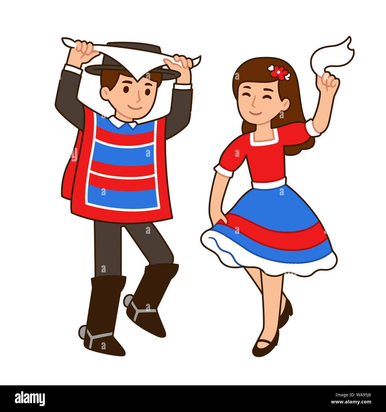 Cute cartoon Kinder tanzen Cueca, traditioneller Tanz in Chile. Junge und Mädchen in Trachten feiern Chilenischen urlaub Dieciocho. Vektor illus Stock Vektor