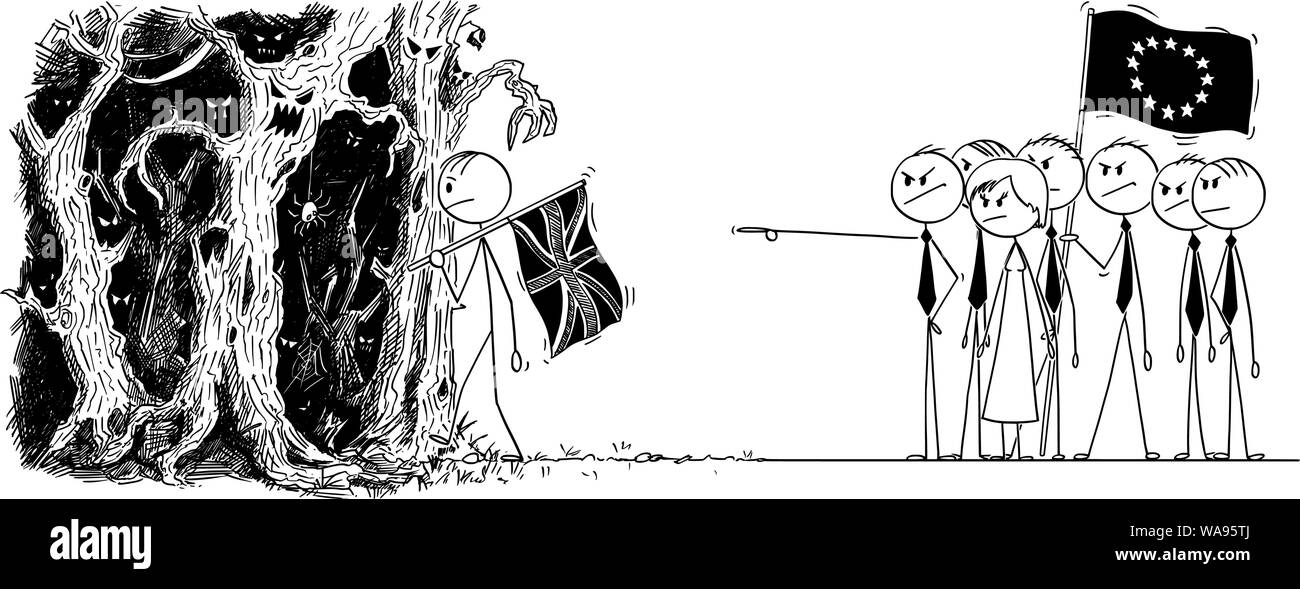 Cartoon stick Zeichnung konzeptuelle Abbildung: brexit, Premierminister von Großbritannien oder USA oder UK verlässt die Europäische Union oder EU-Flagge und mit no-Deal. Unbekannte Probleme zu erwarten sind. Stock Vektor