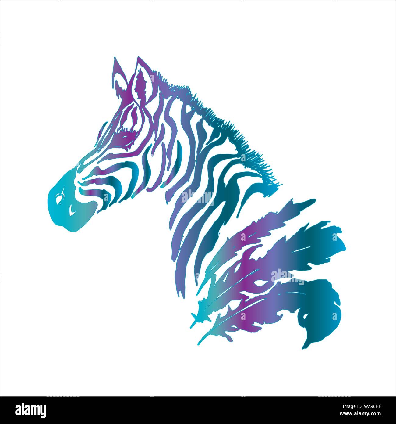 Neon Farbverlauf Abbildung: psychedellic Zebra mit Federn. Tattoo Idee. Stock Vektor