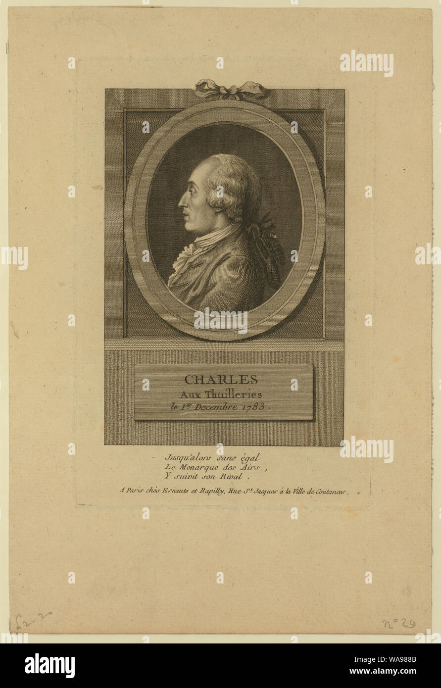 Charles aux Thuilleries [d. h. Tuileries] le 1er decembre 1783; Kopf und Schultern Profil Portrait von Französische Ballonfahrer J.A.C. Charles, der der erste Flug in einem Wasserstoff Ballon, Dez. 1, 1783. Stockfoto