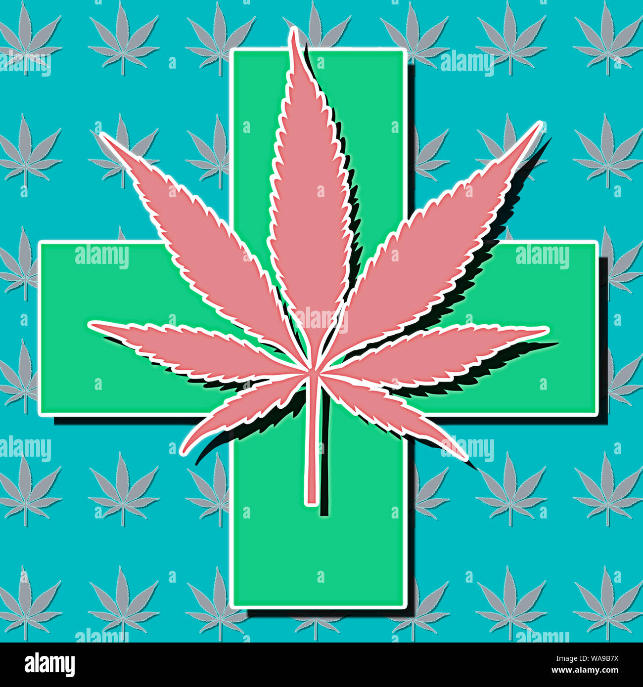 Grün und rosa Cannabis Blätter auf weißem Hintergrund wachsenden medizinischen Marihuana cbd isoliert Stockfoto