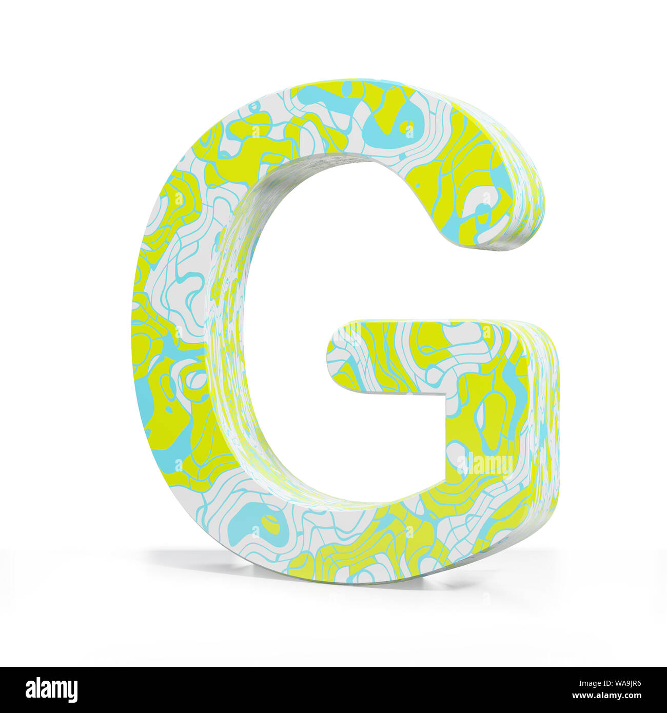 3D-rendering Buchstabe G auf weißem Hintergrund. Zeichen und Symbole. Bunte Alphabet. Texturierte Materialien Stockfoto