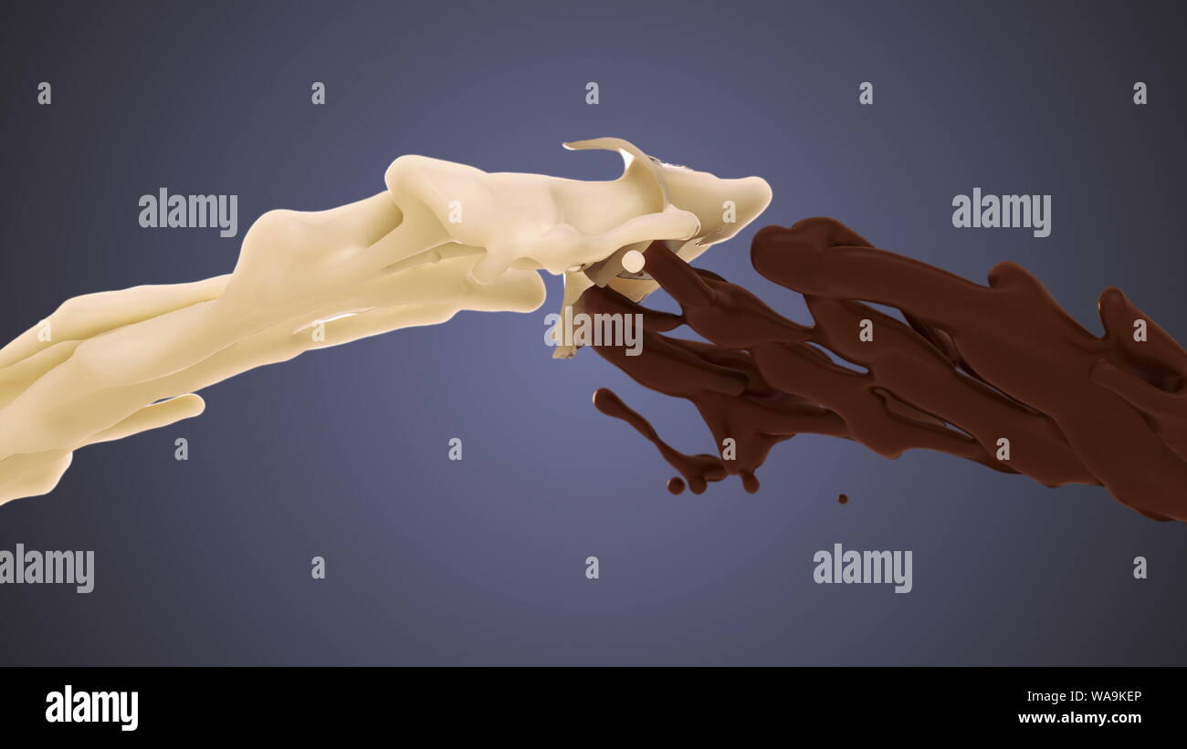 Milch und Schokolade splash auf blauem Hintergrund. Weiße und dunkle Flüssigkeit Kollision Stockfoto