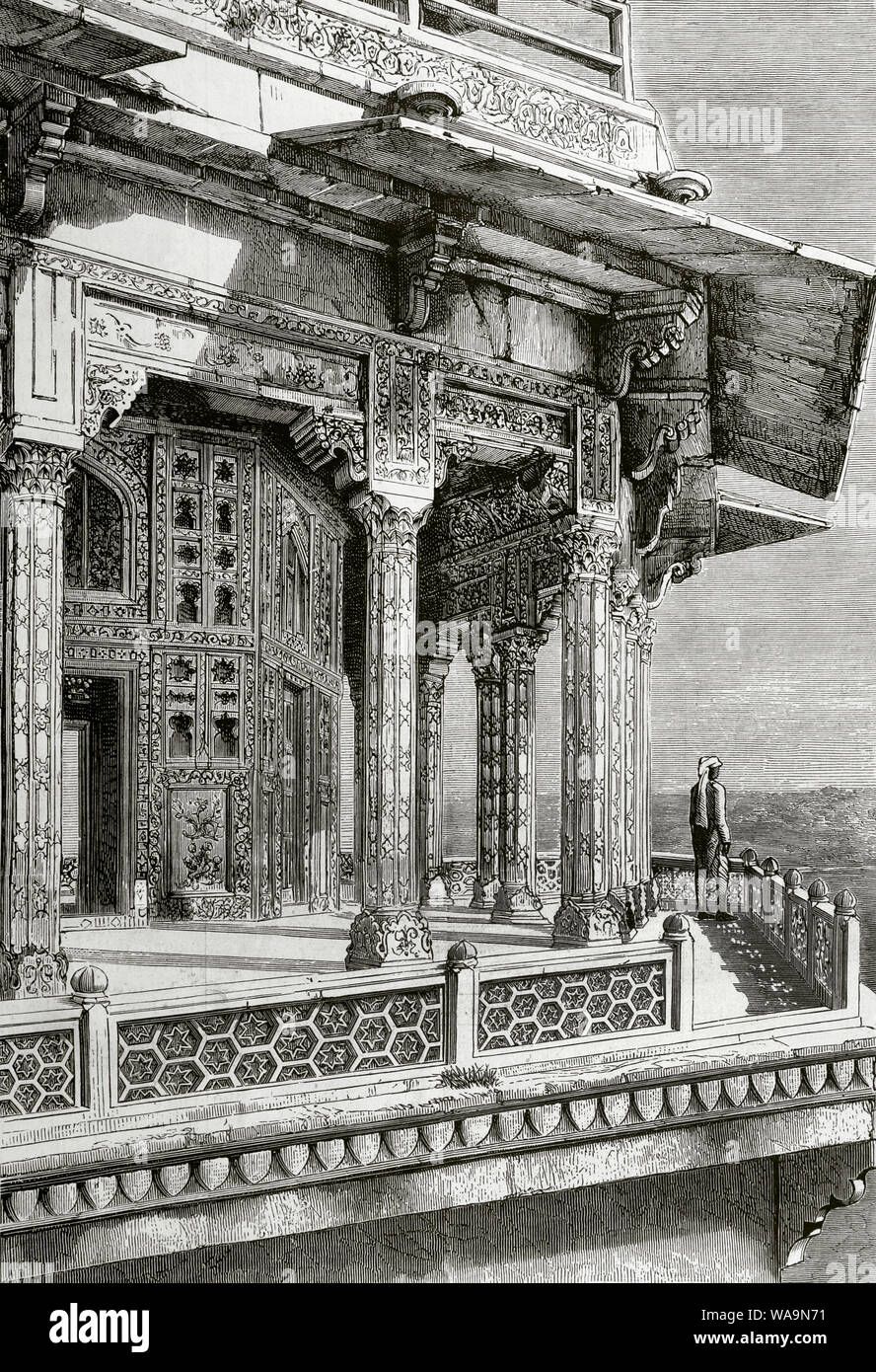 Indien, Uttar Pradesh, Agra, Fort. Äußere des Zenana Palace (Residenz der Frauen der königlichen Familie). Es wurde zwischen 1565-1573 im Auftrag des Kaisers Akbar gebaut. Suche östlich der Festung - Palace. Gravur. La Ilustracion Española y Americana, April, 22, 1876. Stockfoto