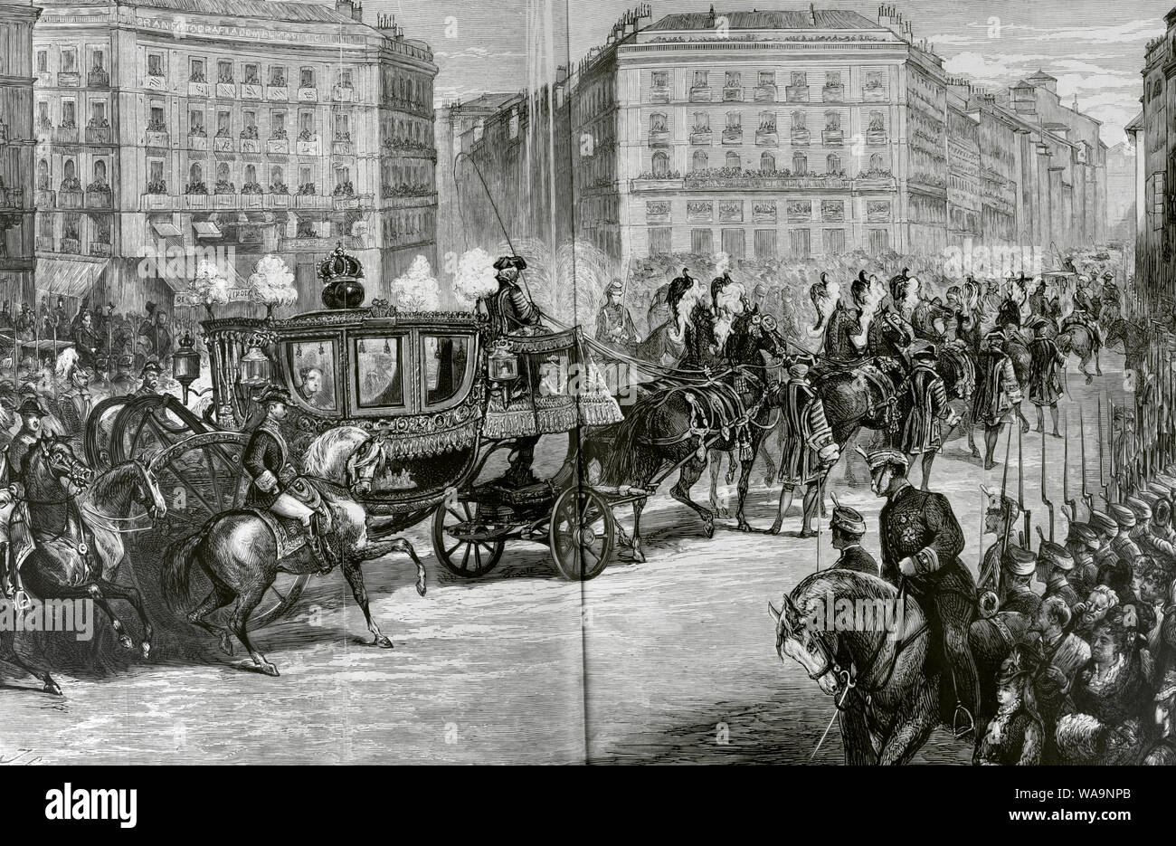 Geschichte von Spanien. Die Bourbon Restaurierung. Herrschaft von Alfonso XII (1874-1885). Madrid. Die königliche Trauerzug auf dem Weg durch die Puerta del Sol. Zeichnung von Juan Comba. Gravur. La Ilustracion Española y Americana, 22. Februar 1876. Ergänzen. Stockfoto