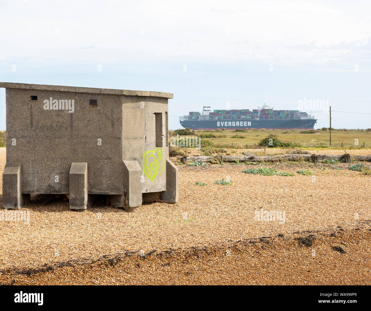 Evergreen überhaupt Regieren eines der größten Containerschiffe der Welt, maiden Anruf am Hafen von Felixstowe, Suffolk, England, Großbritannien - 17 August 2019 Stockfoto