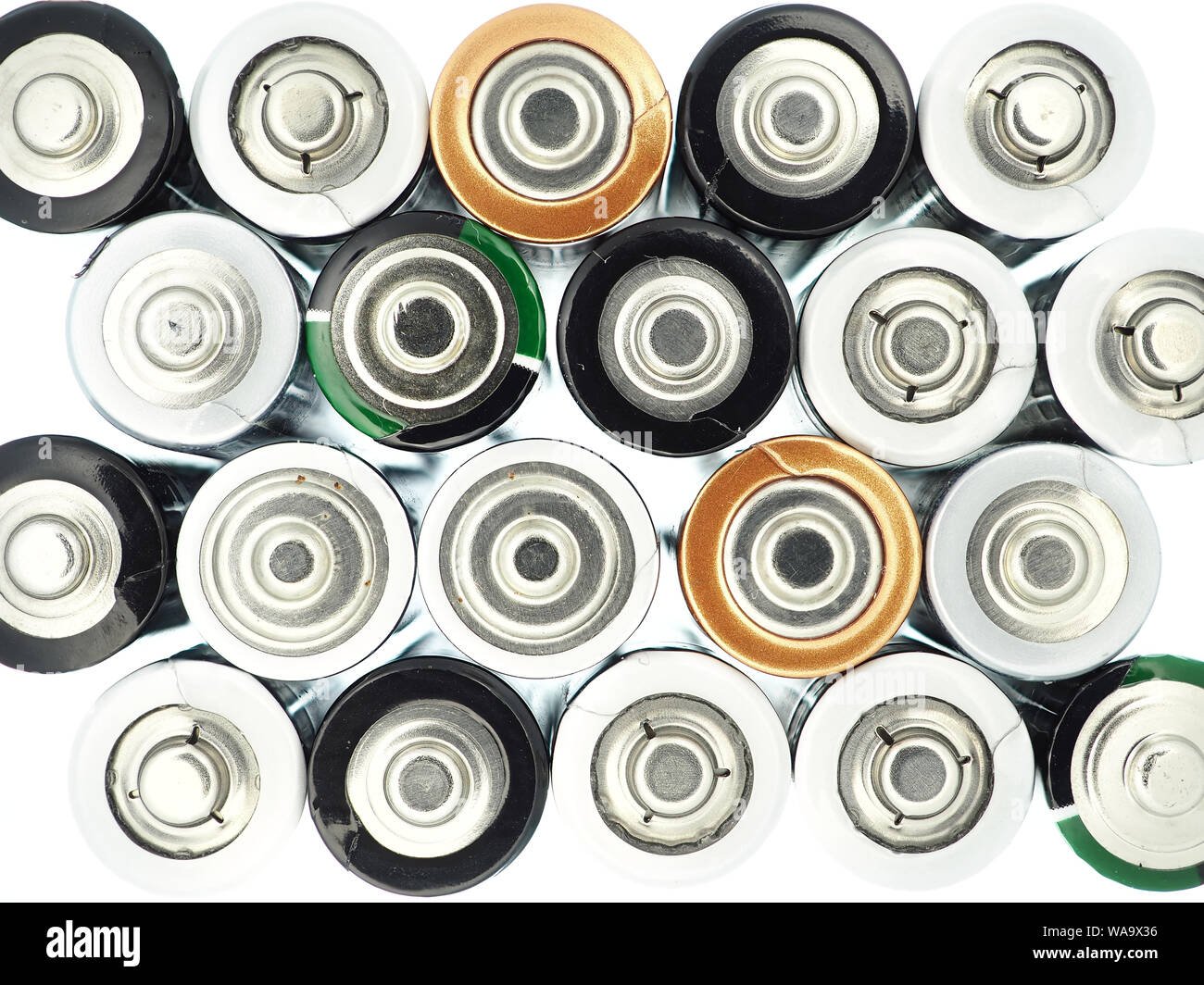 Verschiedene AAA-Batterien, Ansicht von positiver Seite Stockfoto