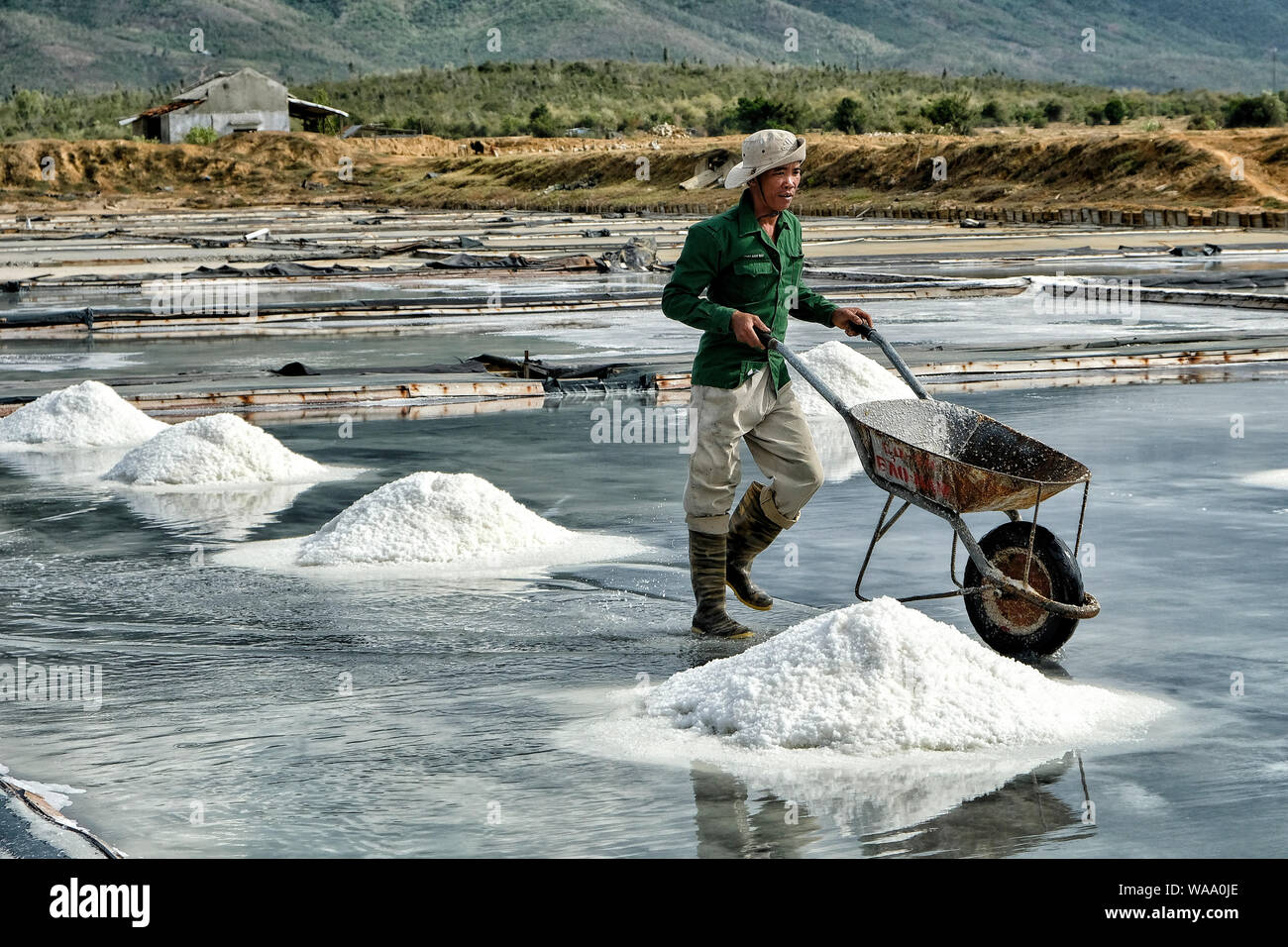 Nha Trang, Vietnam - 16. August: Männer Salz in Stapeln auf dem Hon Khoi Salz Felder am 16. August 2018 in Nha Trang, Vietnam. Stockfoto