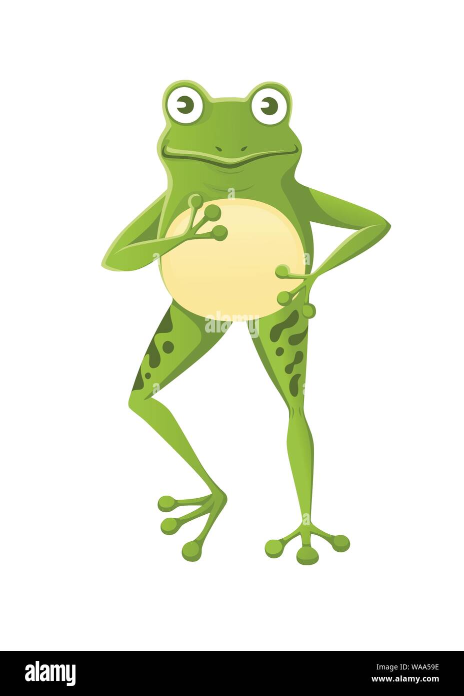 Süß lächelnd grüner Frosch stehend auf Cartoon zwei Beine Tier design Flachbild Vector Illustration auf weißem Hintergrund. Stock Vektor