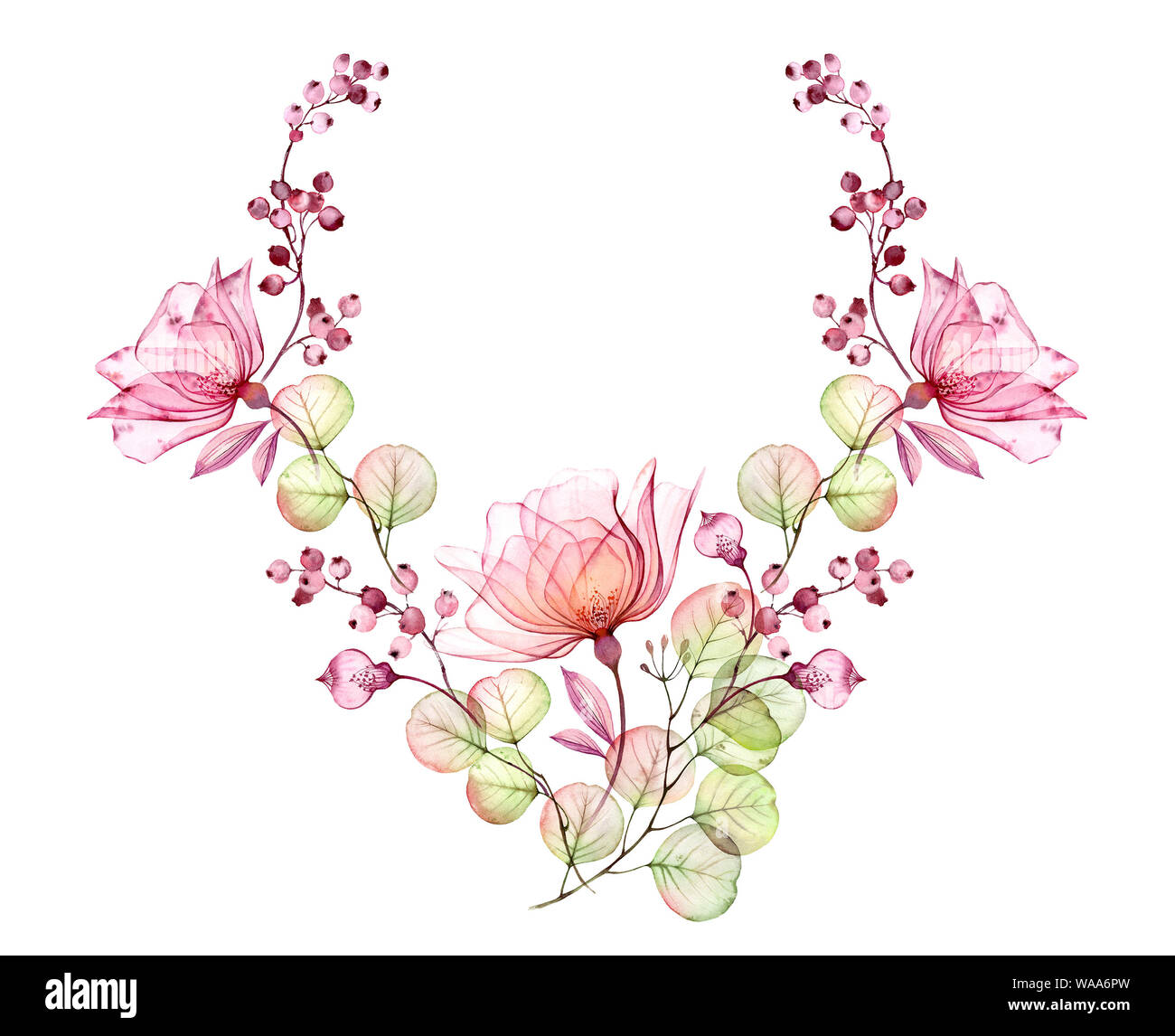 Transparente Rose Wreath. Aquarell blumen Abbildung. Isolierte Hand gezeichneten Anordnung mit rosa Blüten und Beeren für Hochzeit Design, Logo Stockfoto