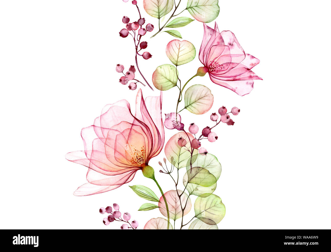 Transparente aquarell Rose. Nahtlose vertikale Grenze. Isolierte Hand gezeichneten Anordnung mit großen Blüten, Eukalyptus und Beeren für Hochzeit Design Stockfoto