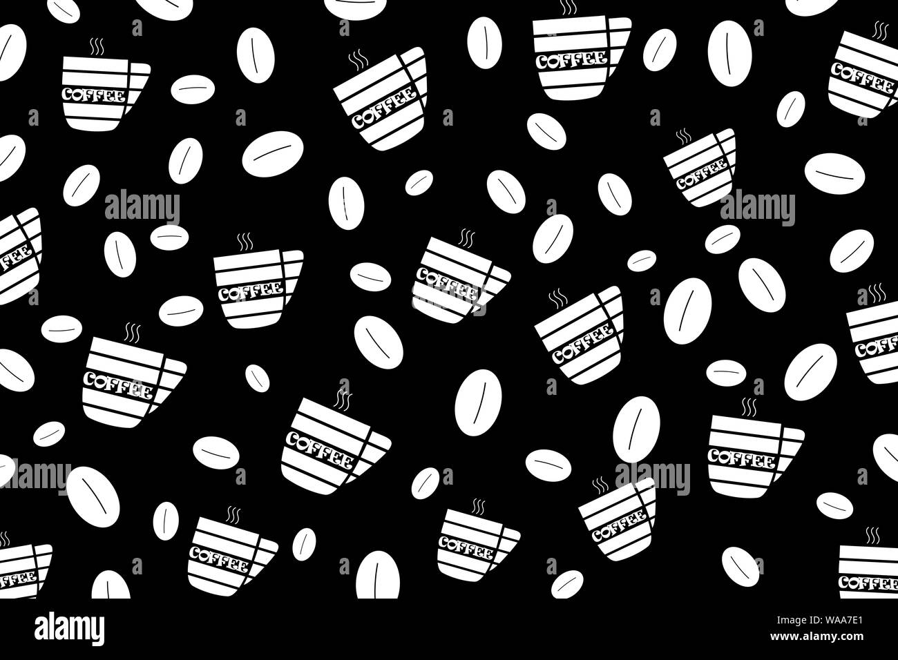 Schwarz und Weiß nahtlose Textur dargestellt. Weiße Tassen Kaffee mit Kaffeebohnen auf schwarzem Hintergrund. Stockfoto