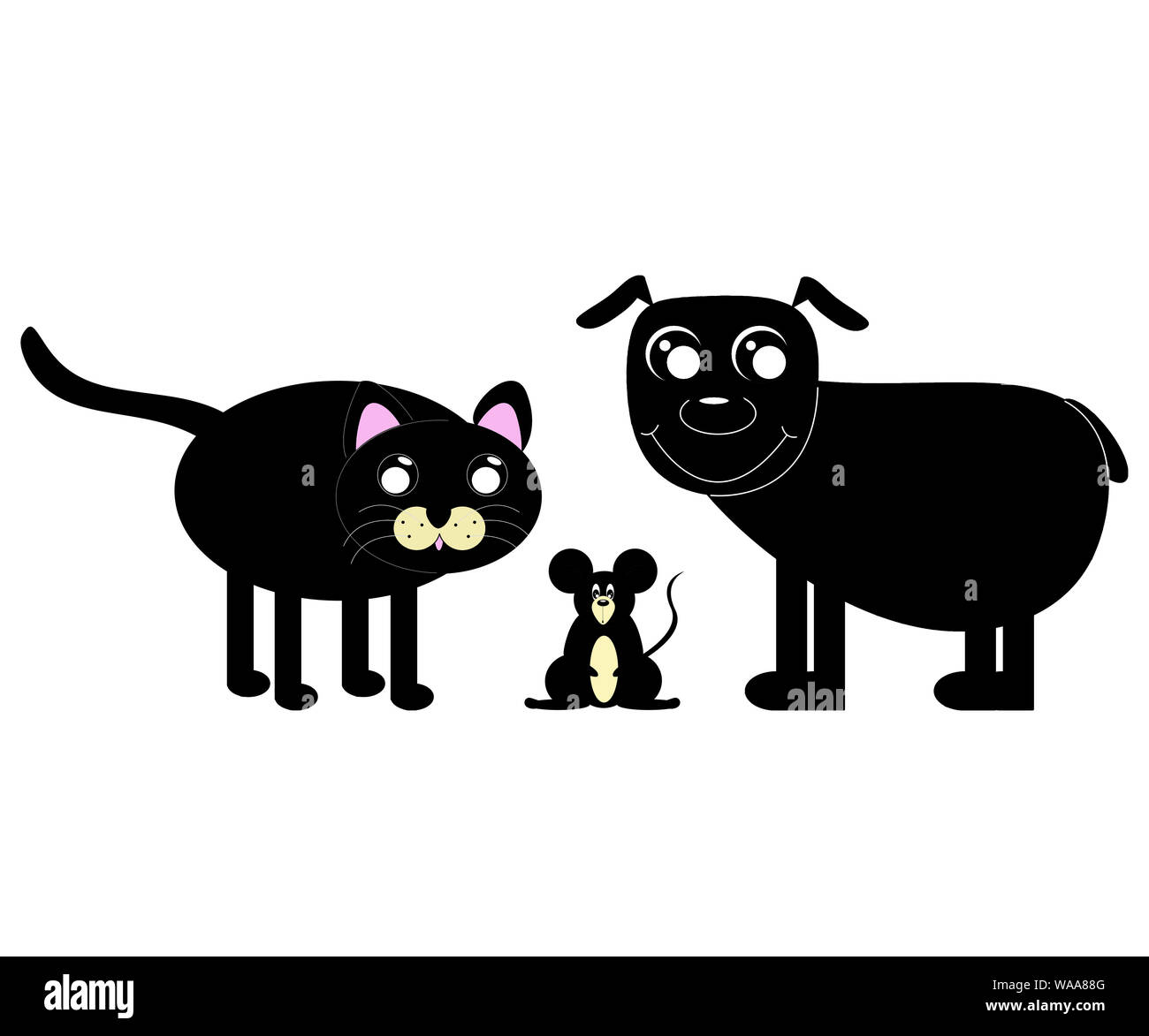 Kawaii Abbildung. Hund, Katze und Maus auf weißem Hintergrund. Stockfoto