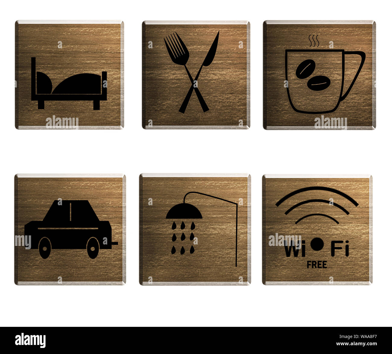 Motel illustrierte icons Collection. Symbol für Bett, Dusche, Besteck, Auto, Kaffee und kostenfreies WLAN auf den alten Brettern. Stockfoto