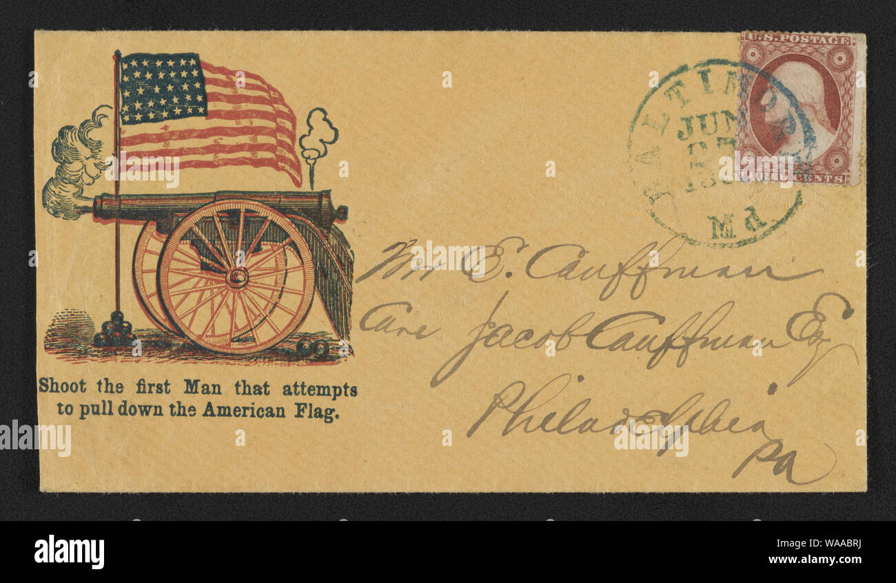 Bürgerkrieg Umschlag zeigen amerikanische Flagge und Kanone mit Nachricht schießen den ersten Mann, der versucht, die amerikanische Flagge hinunter zu ziehen Stockfoto