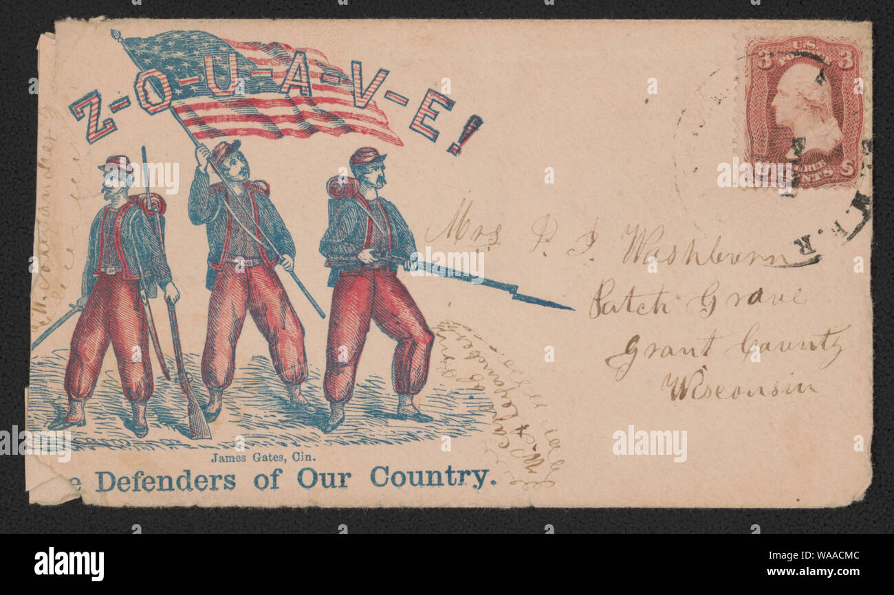 Bürgerkrieg Umschlag zeigt drei Zouave Soldaten mit Gewehren, Klingen und eine amerikanische Flagge Stockfoto