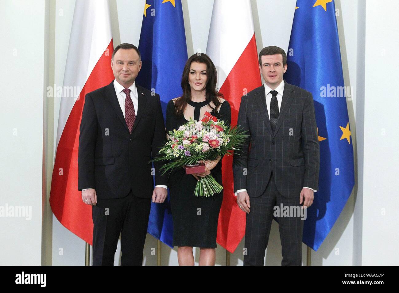 Januar 11, 2019 Warschau, Polen. Agnieszka Radwanska erhielt den Auftrag der Polonia Restituta. Im Bild: Präsident Andrzej Duda, Agnieszka Radwanska und Dawid Celt Stockfoto