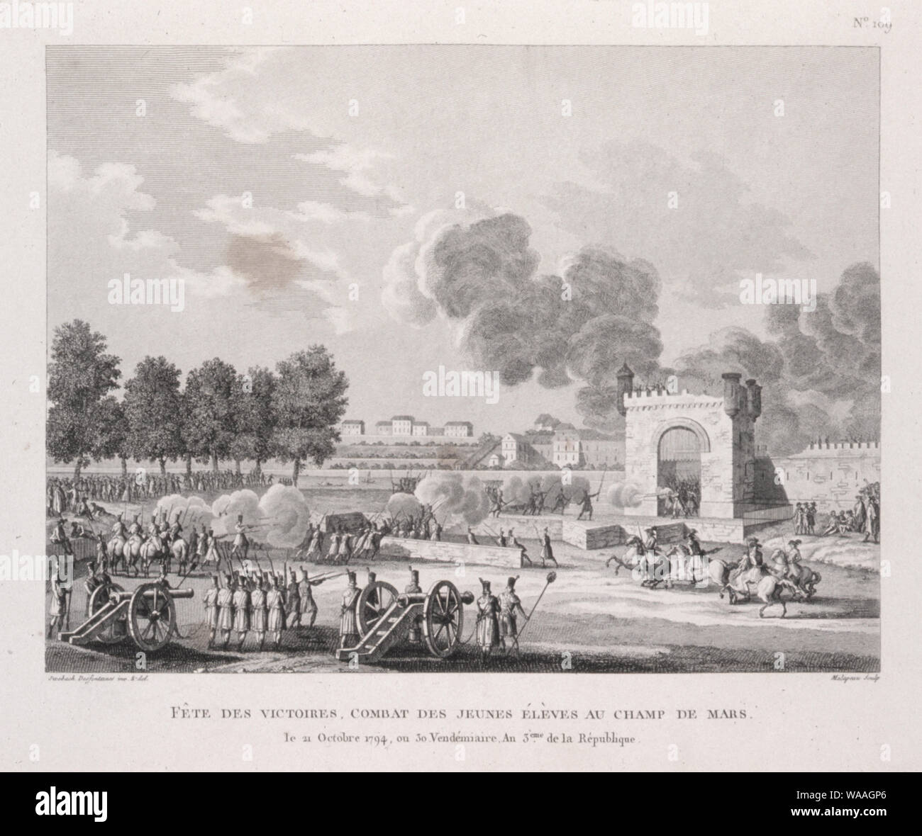 Fête des Victoires, Bekämpfung des Jeunes élèves au Champ de Mars. Le 21 Octobre 1794, ou 30 Vendémiaire 4eme de la République; Englisch: Drucken zeigt einen Sieg feiern Festival mit einer Nachstellung der Schlacht am 21. Oktober 1794. Stockfoto