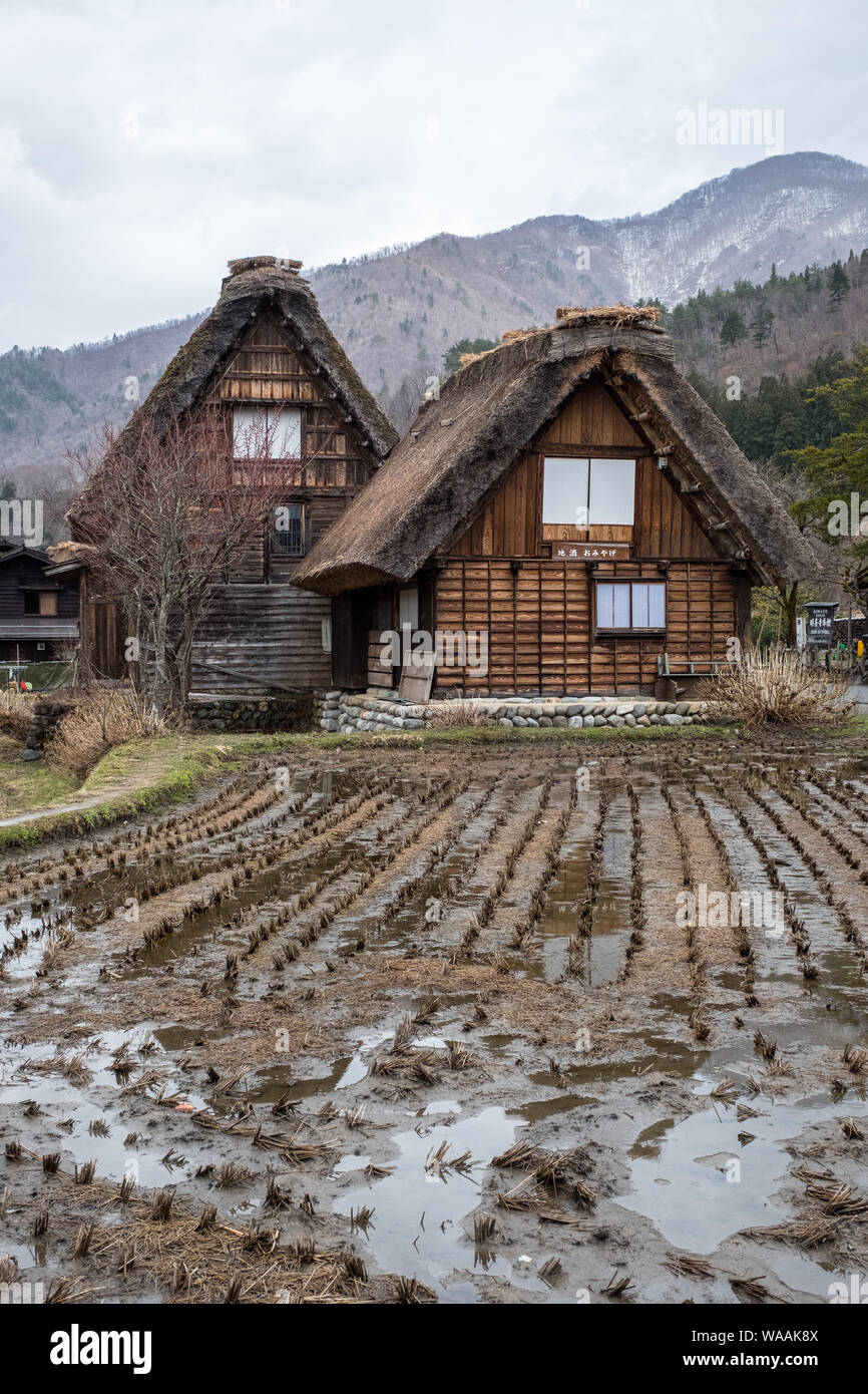 Shirakawa-go, ein traditionelles Holzdorf in den Bergen in Japan Stockfoto