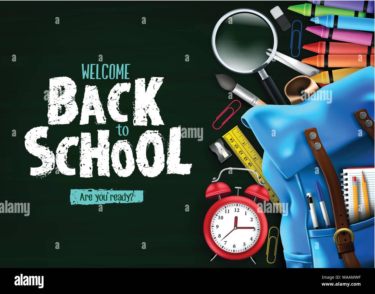 Zurück zu Schule im Grünen Tafel Hintergrund Banner mit blauer Rucksack und Schulmaterial wie Notebook, Kugelschreiber, Bleistift, Farben, Lineal, Lupe Stock Vektor