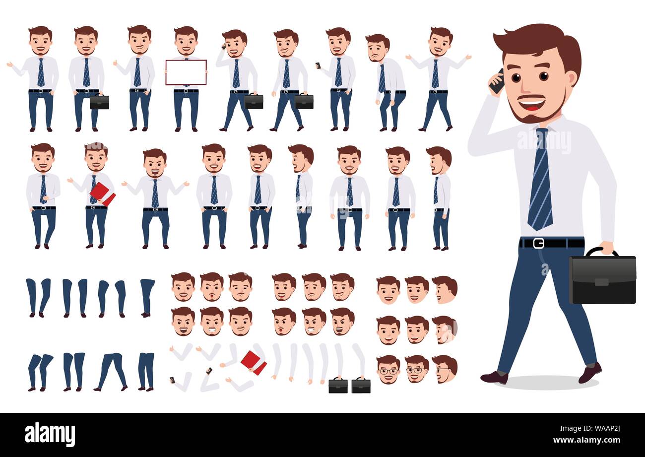 Business mann Character Creation eingestellt. Männliche vektor Charakter und Berufung tragen offizielles Büro Kleidung mit Gesten, Posen und Gesichter isoliert Stock Vektor