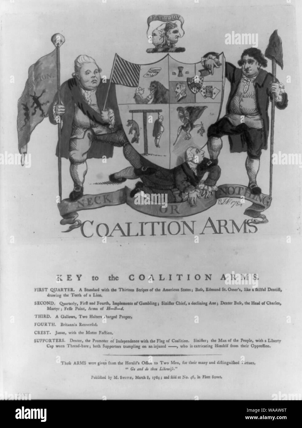 Koalition arme Abstract: Drucken zeigt Lord North und Charles James Fox stehen mit einer großen Rosette zwischen denen, die auf der Rückseite von George III. ruht Norden ist eine Flagge in der rechten Hand eingeschrieben Koalition mit zwei Dämonen dargestellt, in der linken Hand ist er im Besitz einer Flagge mit 13 Streifen. Fuchs hält ein Mitarbeiter mit einem Liberty cap gekrönt. Ein Schlüssel für die quardrants, der Koalition der Arme, ist unten das Bild gedruckt. Stockfoto