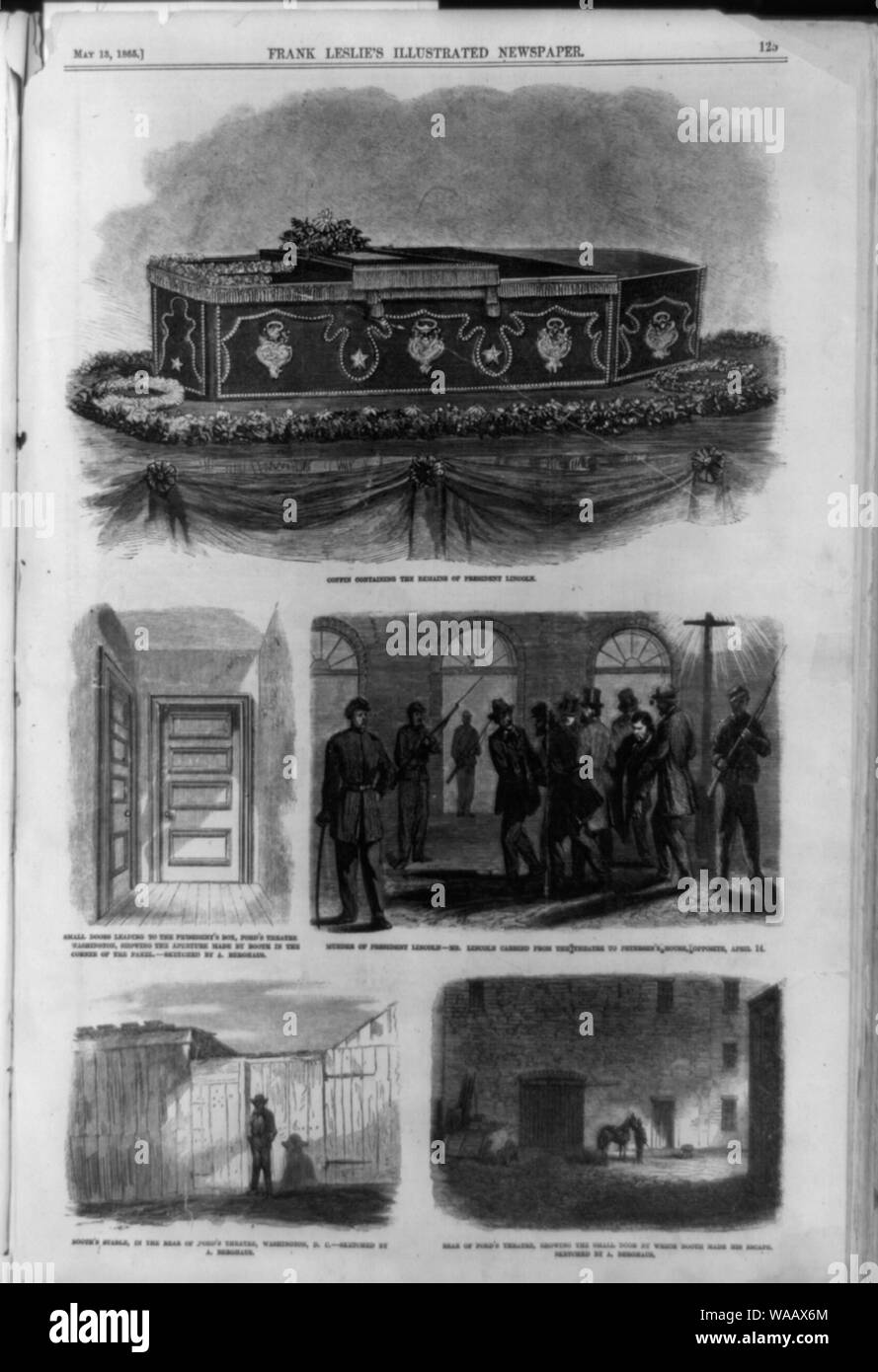 Sarg mit den sterblichen Überresten von Präsident Lincoln; kleine Türen, die auf den Präsidenten, Ford's Theater ...; Ermordung von Präsident Lincoln; Herr Lincoln durchgeführt vom Theater, Petersen House, gegenüber; Stand ist stabil...; Hinten Ford's Theater ... mit Tür, durch den Stand seiner Flucht gemacht Stockfoto