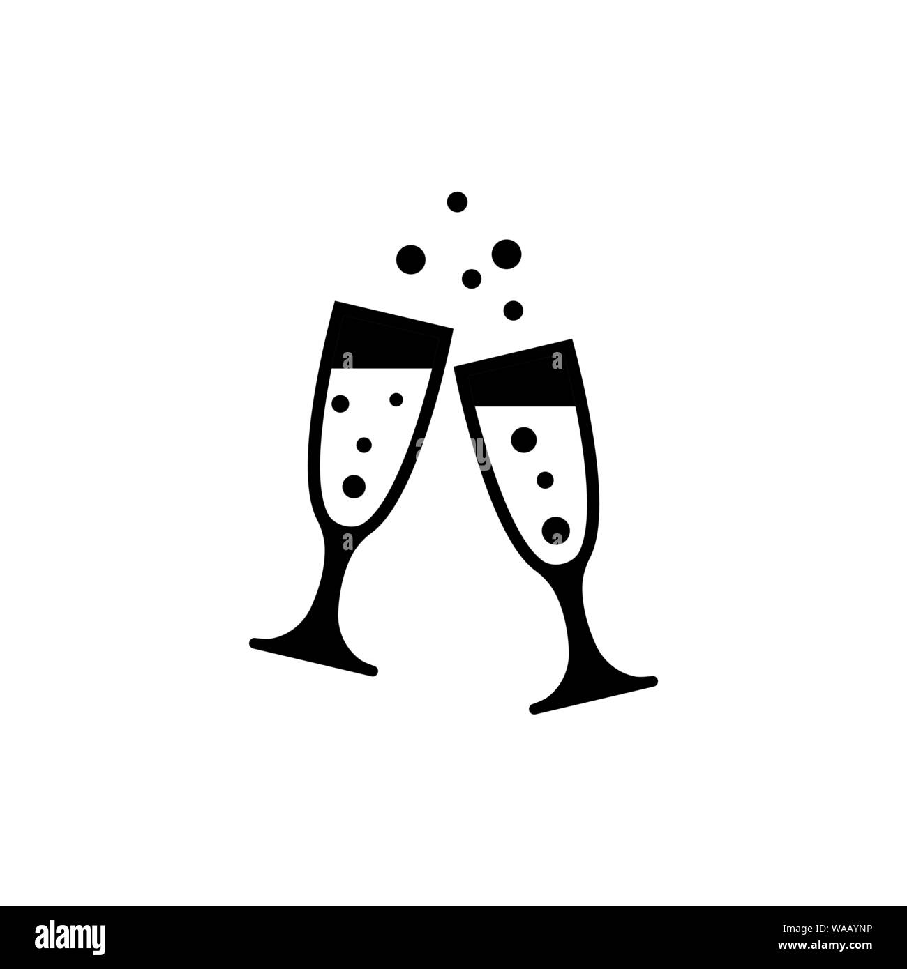 Zwei klirren Gläser Champagner, Feier. Flache Vektor Icon Abbildung. Einfach schwarzes Symbol auf weißem Hintergrund. Zwei klirren Gläser Champagner si Stock Vektor