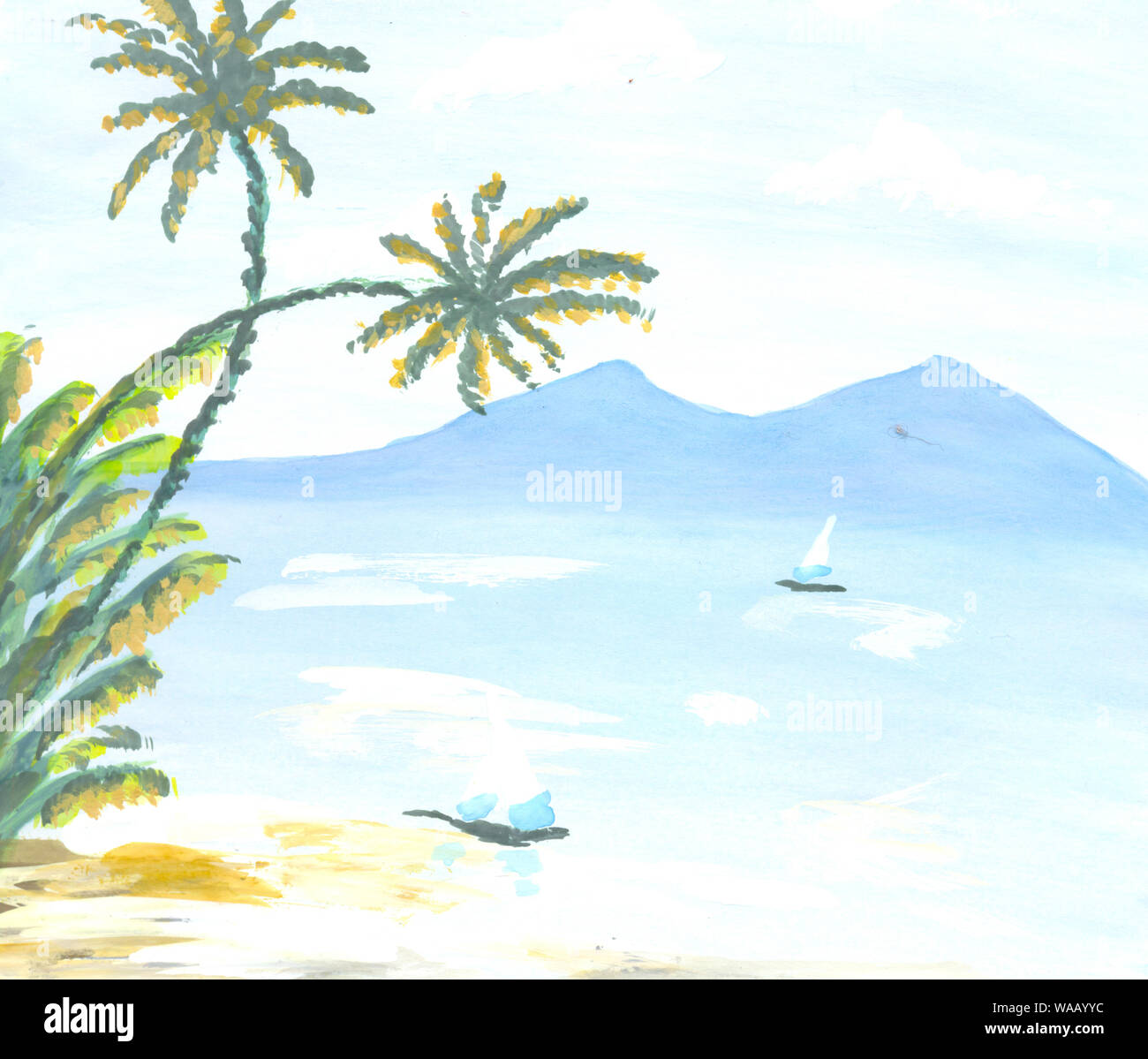 Aquarell Sommer tropischen Hintergrund, Berge, Meer, Segelboot und Palmen. Der Sommer Strand surfen Abbildung Stockfoto
