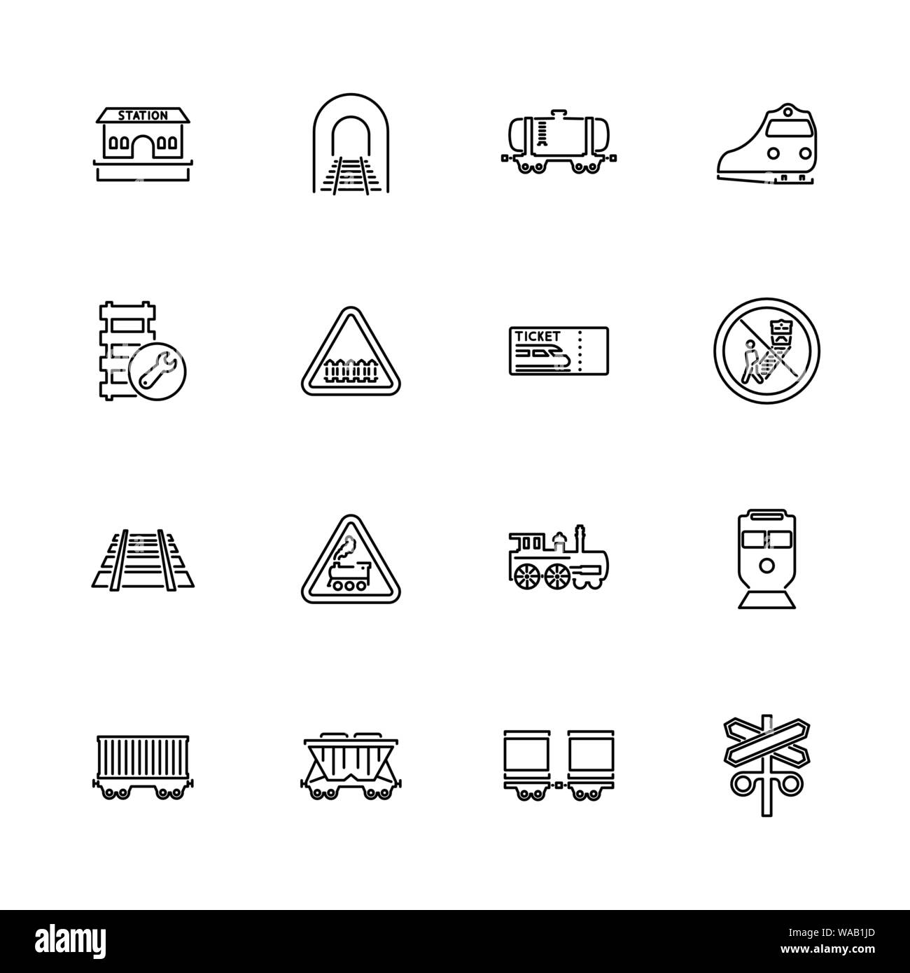 Züge, Bahntransport Umrisse Icons Set - schwarzes Symbol auf weißem Hintergrund. Züge, Eisenbahn Transport einfache Illustration Symbol gesäumt simplicit Stock Vektor