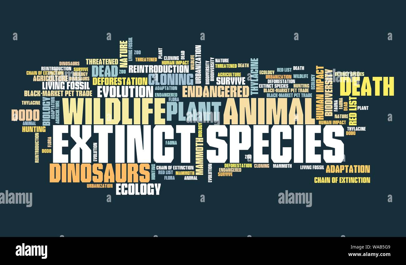 Ausgestorbene Arten - Umwelt Themen und Konzepte Wort cloud Abbildung. Wort collage Konzept. Stockfoto