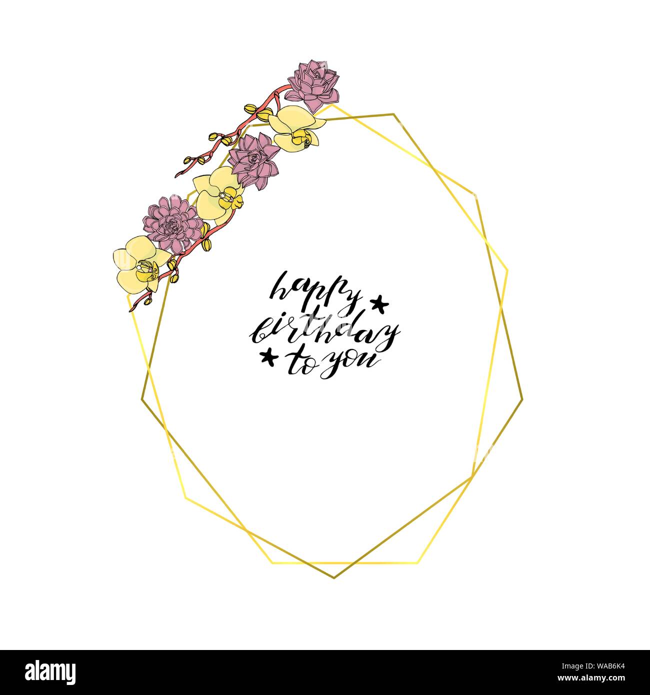 Hand gezeichnet Doodle style saftig und Orchideenblüten mit polygonalen Girlande Kranz, Vintage geometrischen Rahmen, florales Design Element. Mit benutzerdefinierten Hand l Stock Vektor