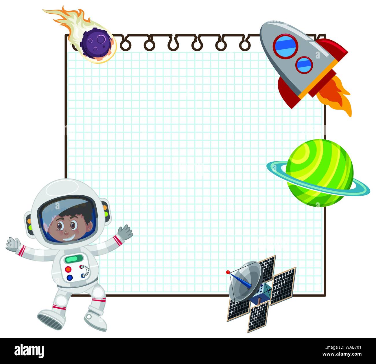 Frame Design Template mit Astronaut und Raumschiff Abbildung Stock Vektor