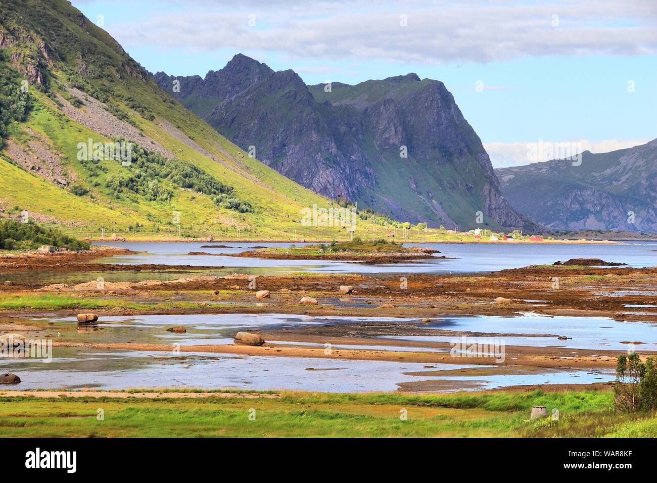 Lofoten Archipel im arktischen Norwegen. Gezeiten Marschland von Vestvagoya Insel. Stockfoto