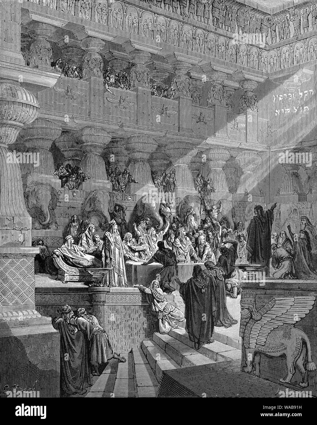 Gustave Doré, Daniel interpretiert die Schrift an der Wand, Gravieren, 1866 Stockfoto