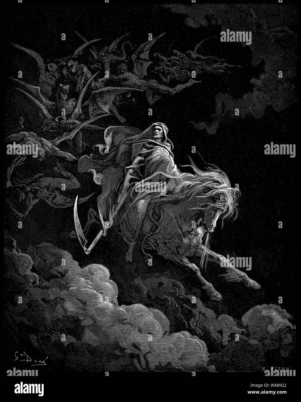 Gustave Doré, Tod auf dem hellbraunen Pferd, eine Vision des Todes, Gravieren, 1865-1868 Stockfoto