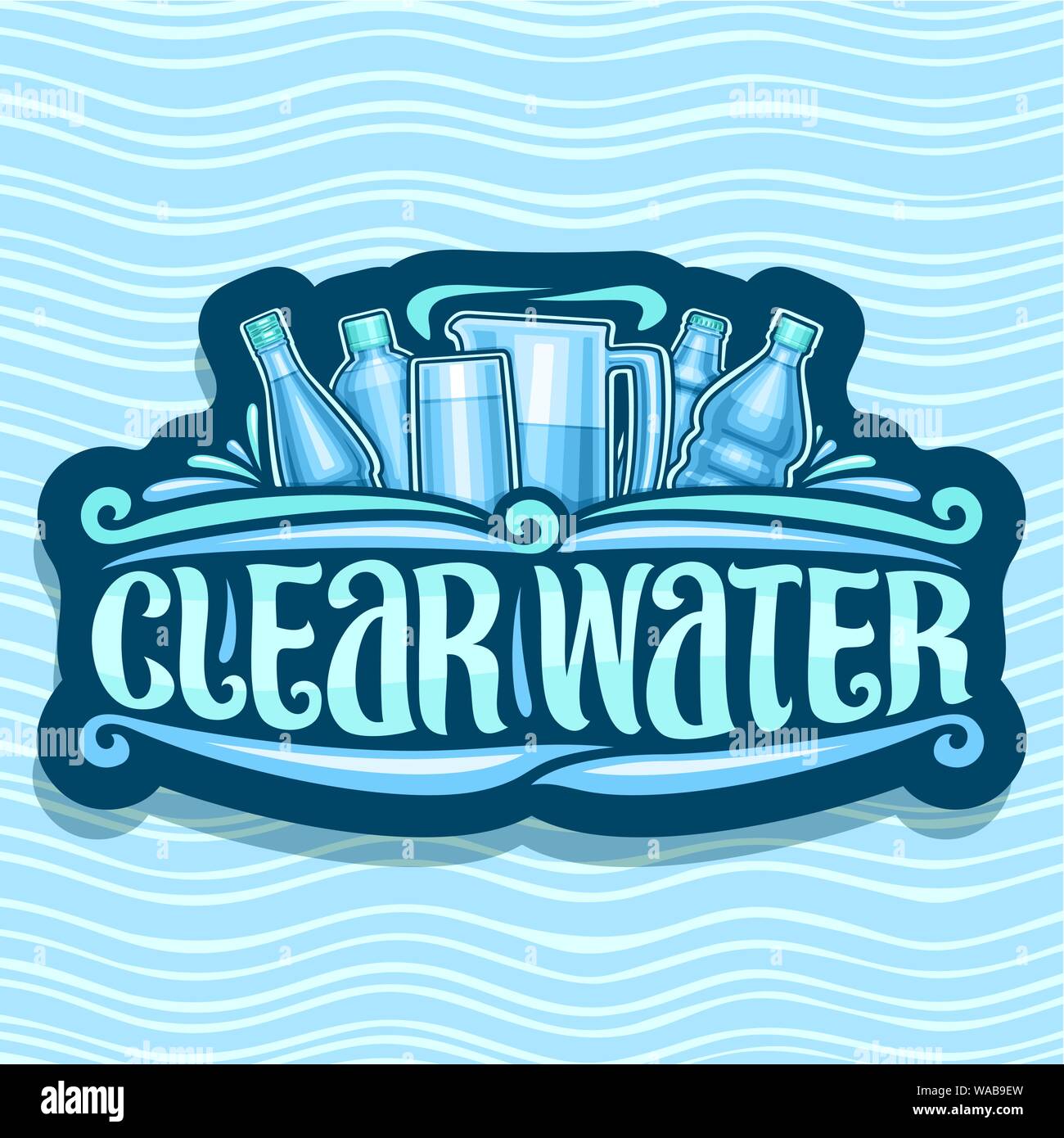 Vektor logo für klares Wasser, dunkle retro Aufkleber mit verschiedenen Plastikflaschen und Kanne mit Glas, original Pinsel Schriftzeichen für Wörter klares Wasser, signb Stock Vektor