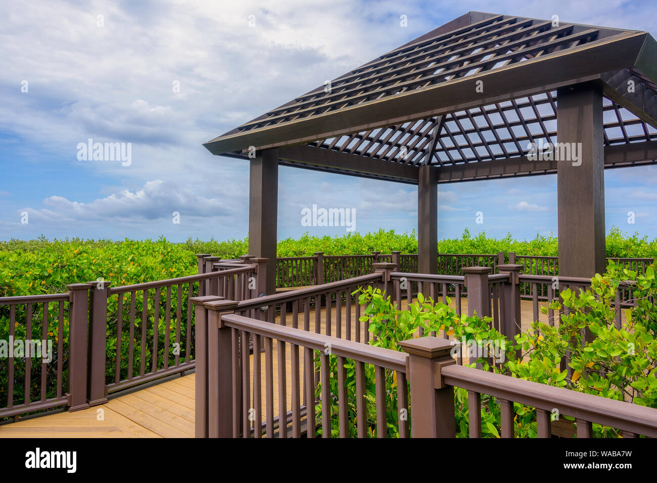 Boardwalk und Pavillon mit blauem Himmel und üppigen grünen Vegetation Stockfoto