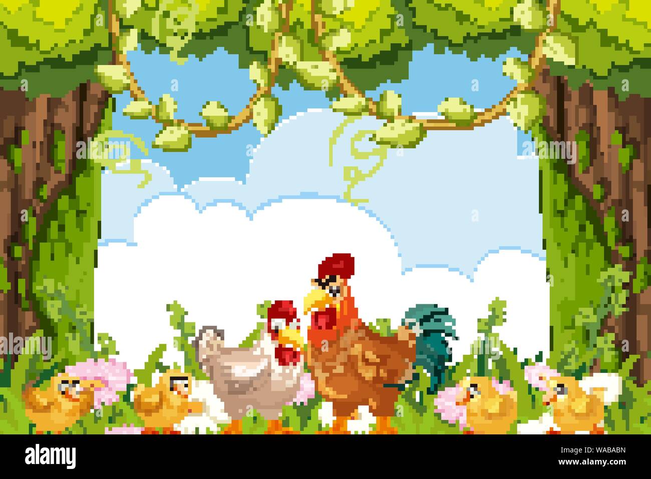 Cute chicke in Wäldern Szene Abbildung Stock Vektor
