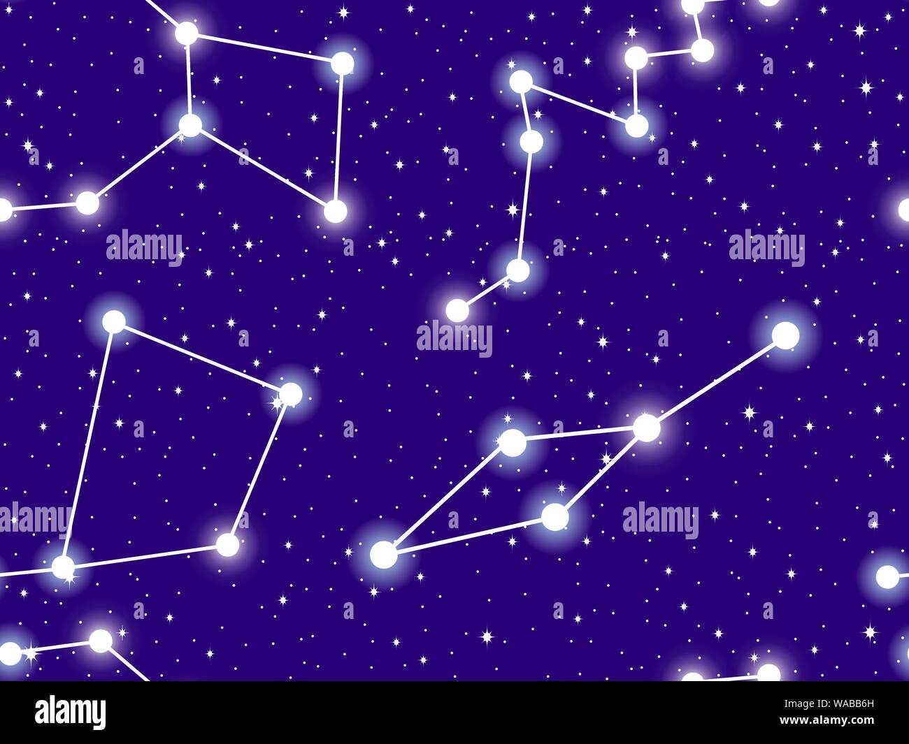 Nahtlose Muster Sternenhimmel mit den Sternbildern Leo Minor, Krater, Corvus und Lacerta. Cluster von Sternen und Galaxien. Deep Space. Vektor illust Stock Vektor