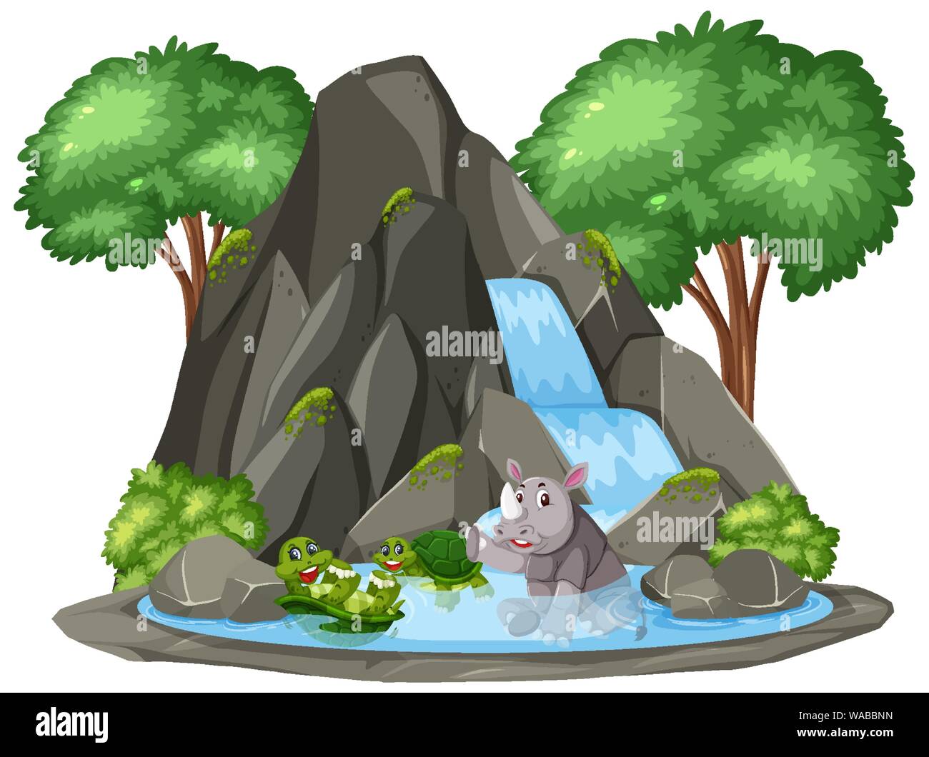Hintergrund Szene von Schildkröte und Rhino von Wasserfall Abbildung Stock Vektor
