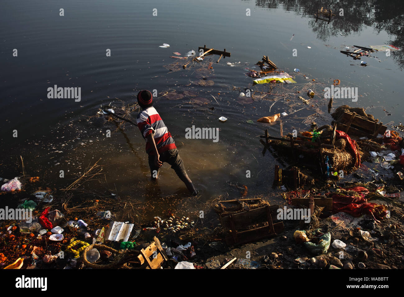 Der arme Junge Sammeln von Objekten und Münzen in den Teich geworfen nach Saraswati Puja (Indien) Stockfoto