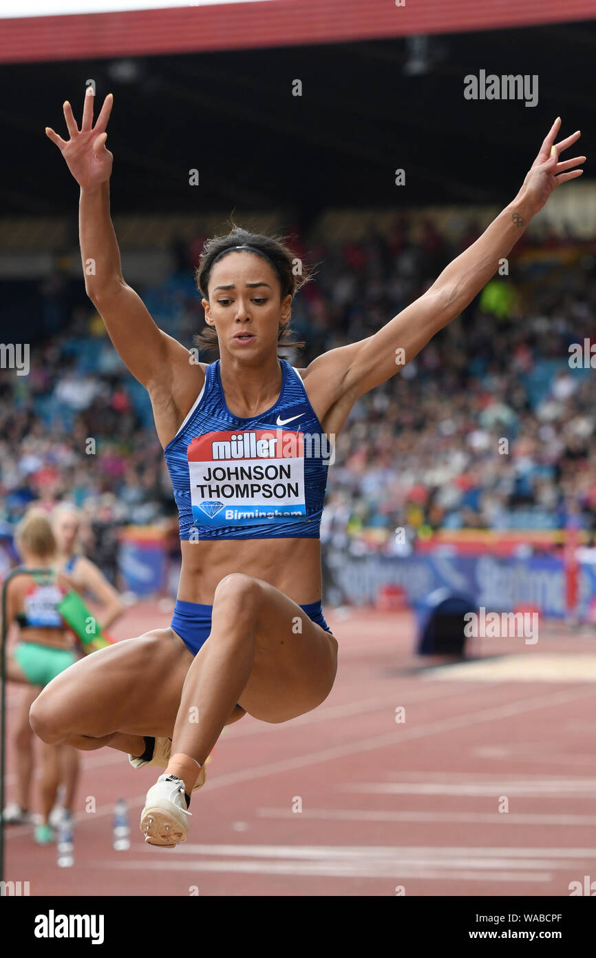 Birmingham. UK.. 18. August 2019. Katarina Johnson-Thompson (GBR) in Aktion im Weitsprung der Frauen an der Muller Grand Prix. IAAF Diamond League Athletik. Alexander Stadium. Birmingham Stockfoto