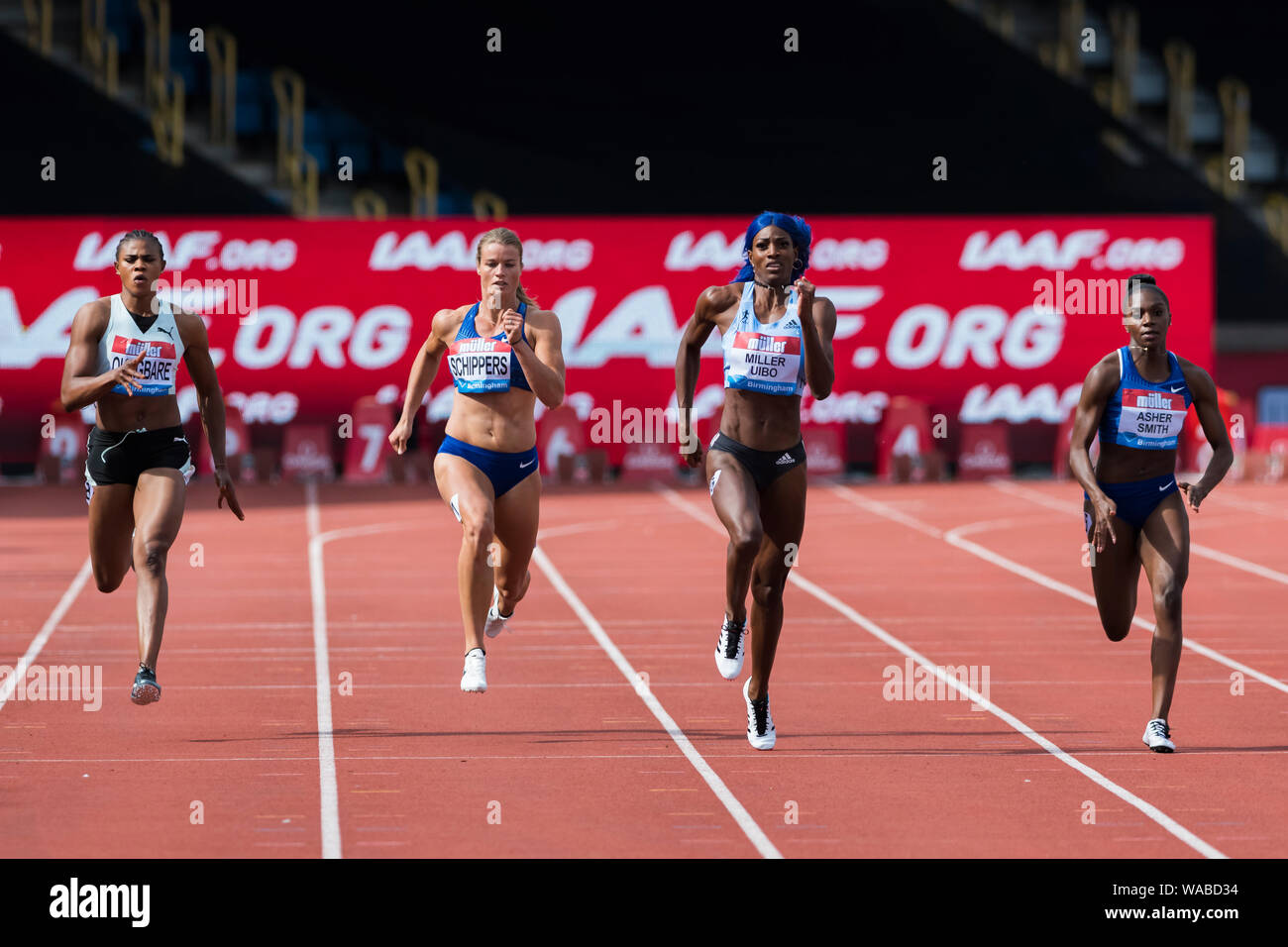 ALEXANDER STADIUM, Birmingham, - 2019-08-18: Blessing Okagbare (NGR) Dafne Schippers (NED) Shaunae Miller-Uibo (BAH) und Dina Asher-Smith (GBR) konkurrieren in der 200m während der Muller Birmingham Grand Prix Veranstaltung im Alexander Stadion Stockfoto